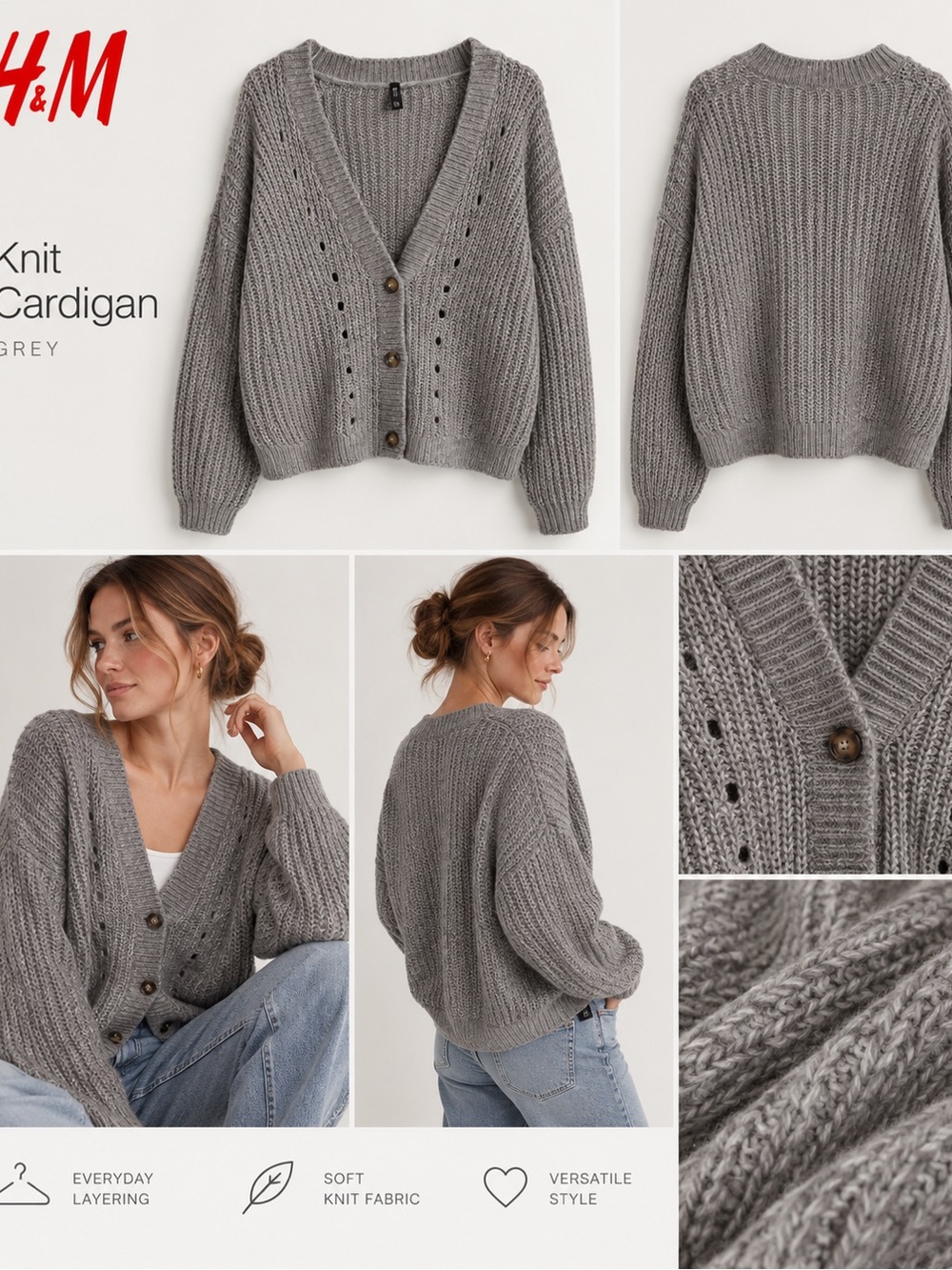 H&M Divided Grey Chunky Knit Cardigan – Size M